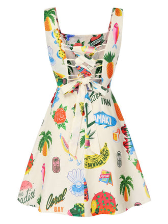 Robe multicolore à bretelles larges motif fruits tropicaux des années 1960
