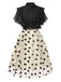 Robe trapèze noire à volants roses dorées col montant années 1950