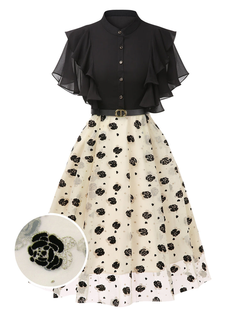 Robe trapèze noire à volants roses dorées col montant années 1950