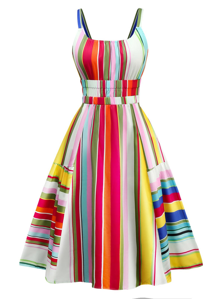 Robe à rayures multicolore bretelles lacets au dos années 1950