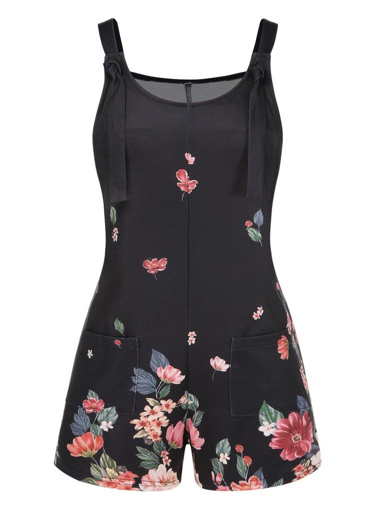 Combishort noire à bretelles réglables motif fleurie années 1950
