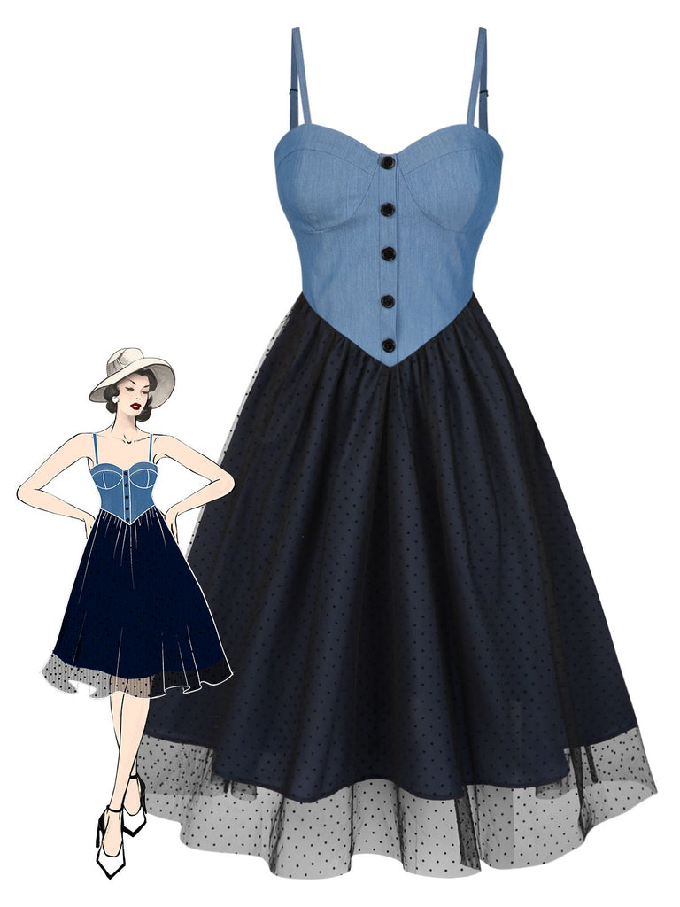 Robe bleue en denim à pois et maille années 1950