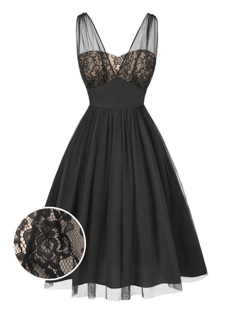 Robe trapèze noire fleurie en dentelle et maille années 1950