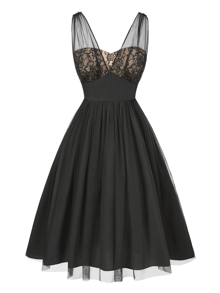 Robe trapèze noire fleurie en dentelle et maille années 1950