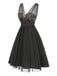 Robe trapèze noire fleurie en dentelle et maille années 1950