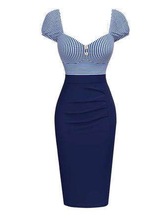 Robe crayon rayures bleu foncé manches bouffantes années 1960