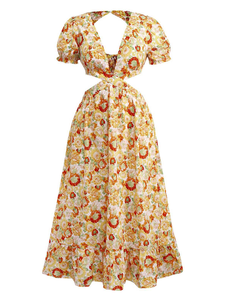 Robe bohème orange tournesol à col en V profond années 1970