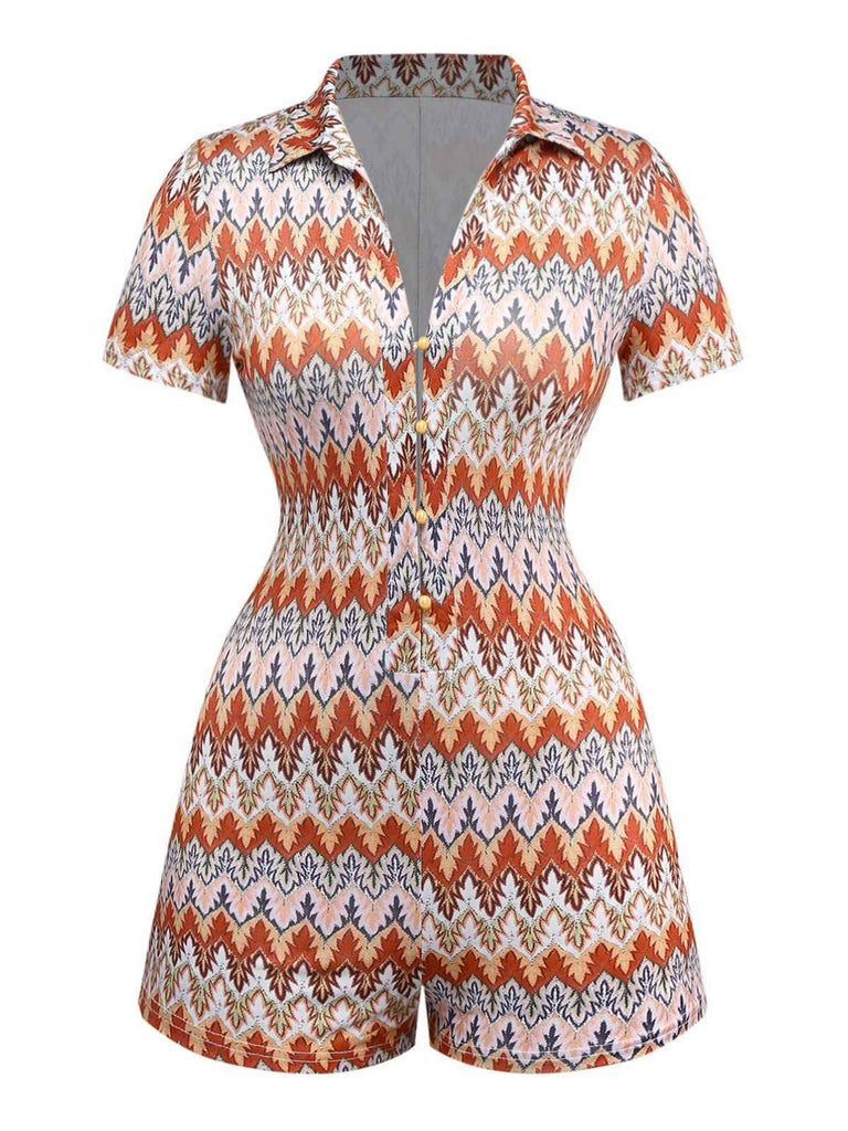 Combishort revers multicolore style bohème motifs d'arbres des années 1970