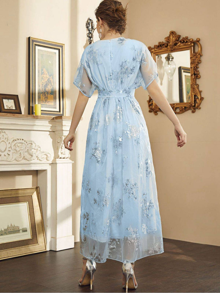 Robe bleue clair estampage à chaud en maille années 1940