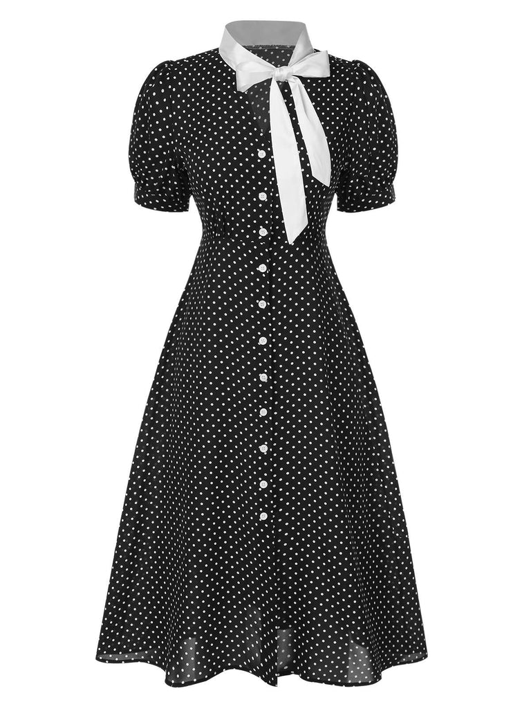 [Prévente] Robe noire à pois et col noué des années 40