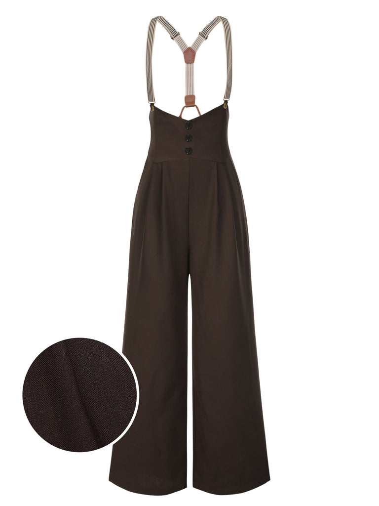 Pantalon à bretelles marron foncé à bretelles boutonné années 1950