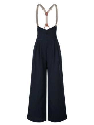 Pantalon à bretelles bleu foncé à bretelles boutonné années 1950