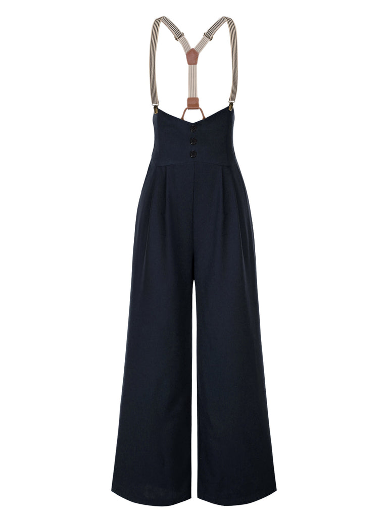 Pantalon à bretelles noire à bretelles boutonné années 1950