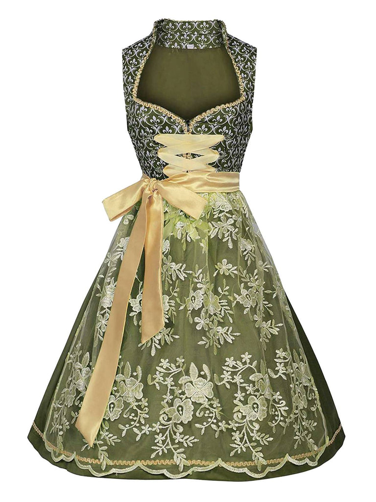 2PCS robe verte à motifs florauxet tablier brodé années 1950