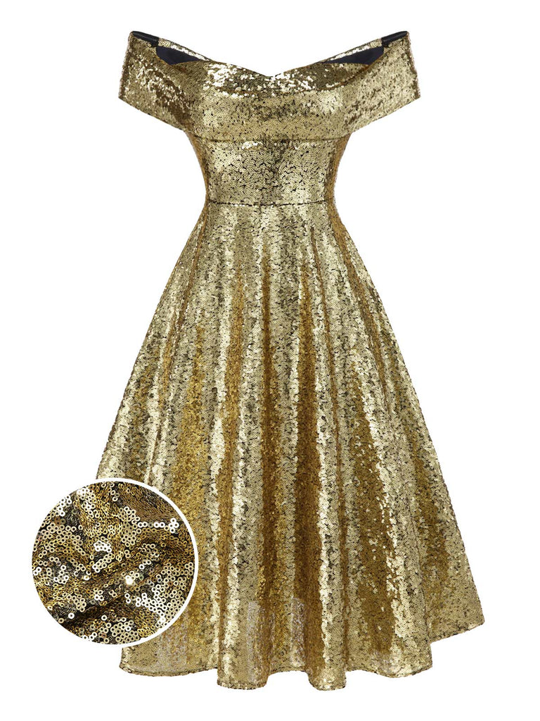 Robe dorée paillettes et épaules dénudées années 1950