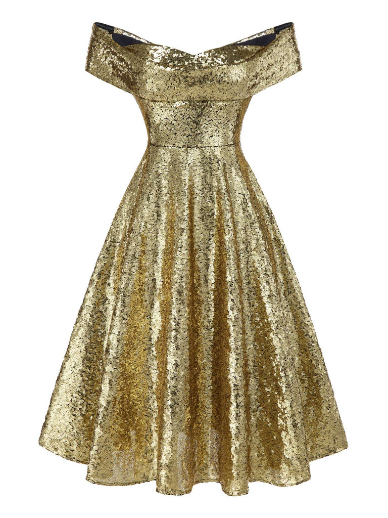 Robe dorée paillettes et épaules dénudées années 1950