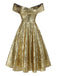 Robe dorée paillettes et épaules dénudées années 1950
