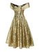 Robe dorée paillettes et épaules dénudées années 1950