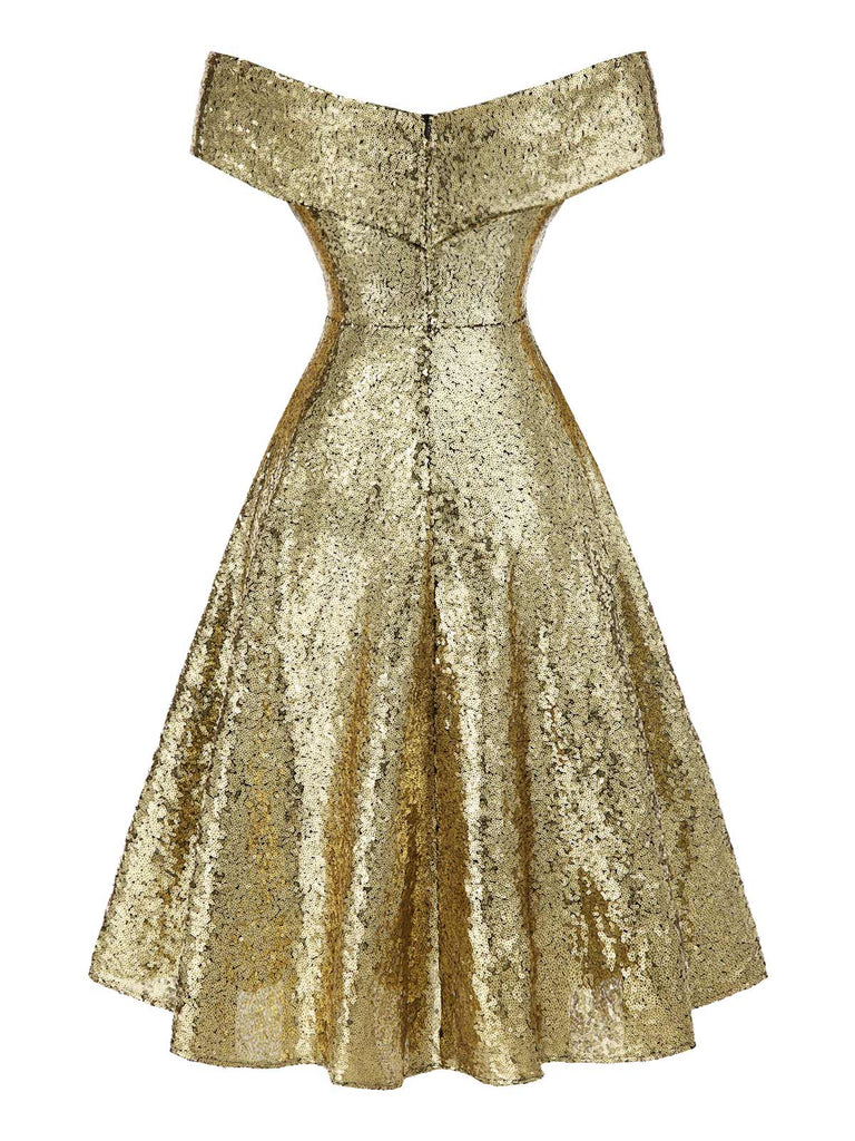 Robe dorée paillettes et épaules dénudées années 1950