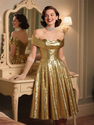 Robe dorée paillettes et épaules dénudées années 1950