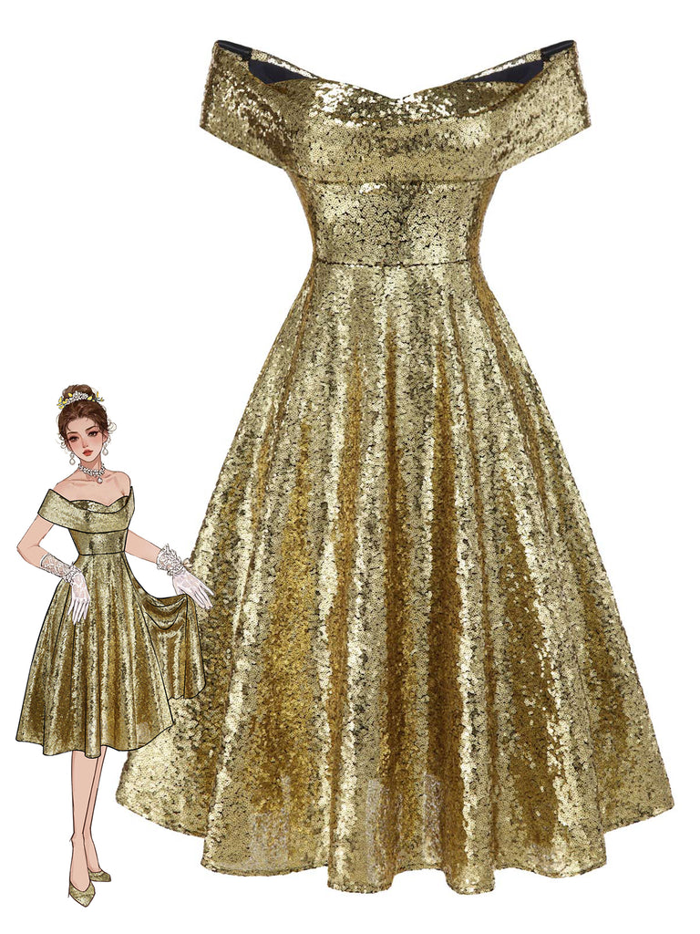 Robe dorée paillettes et épaules dénudées années 1950