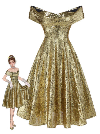 Robe dorée paillettes et épaules dénudées années 1950