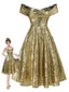 Robe dorée paillettes et épaules dénudées années 1950