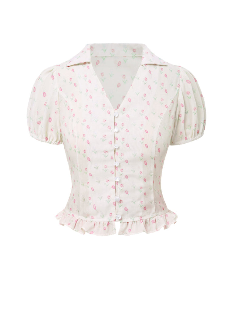 Chemisier rose tulipe à volants et col en V années 1940