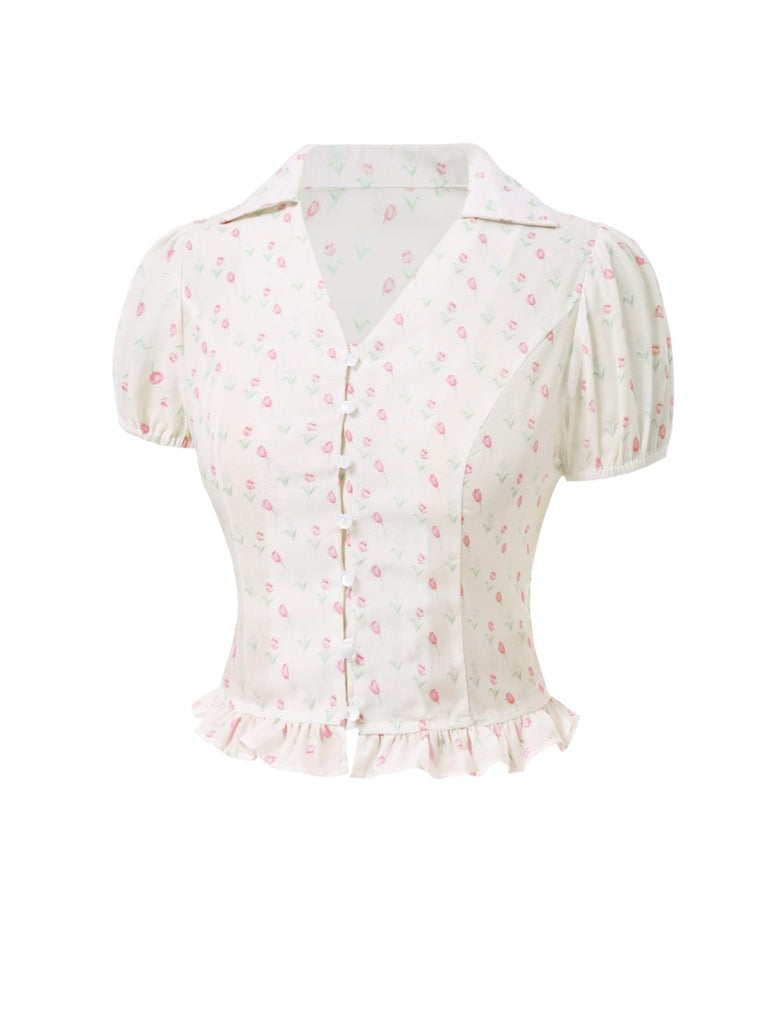 Chemisier rose tulipe à volants et col en V années 1940