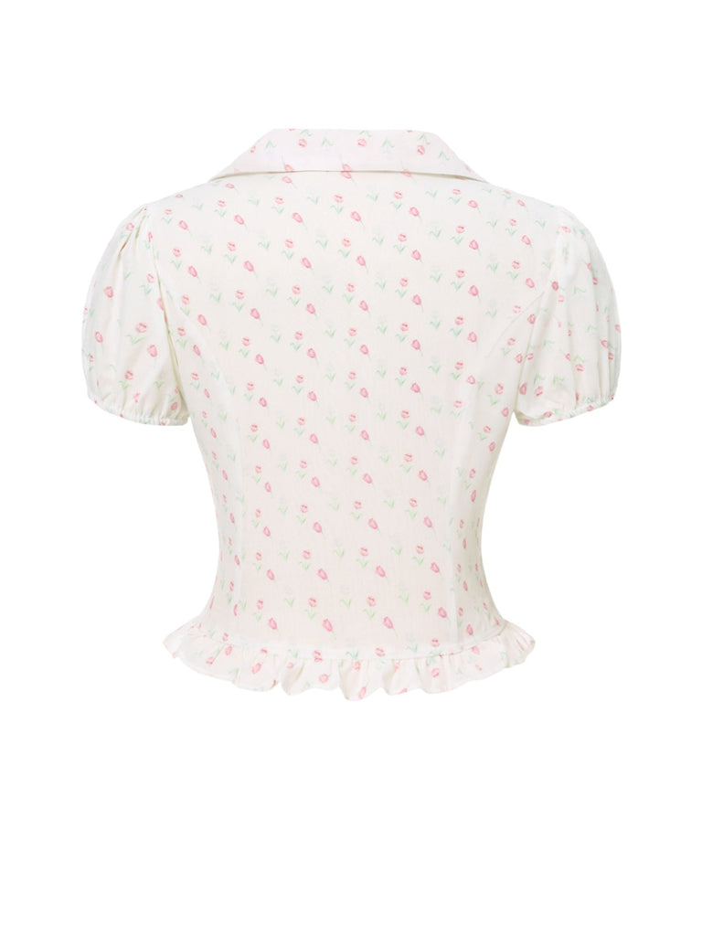 Chemisier rose tulipe à volants et col en V années 1940