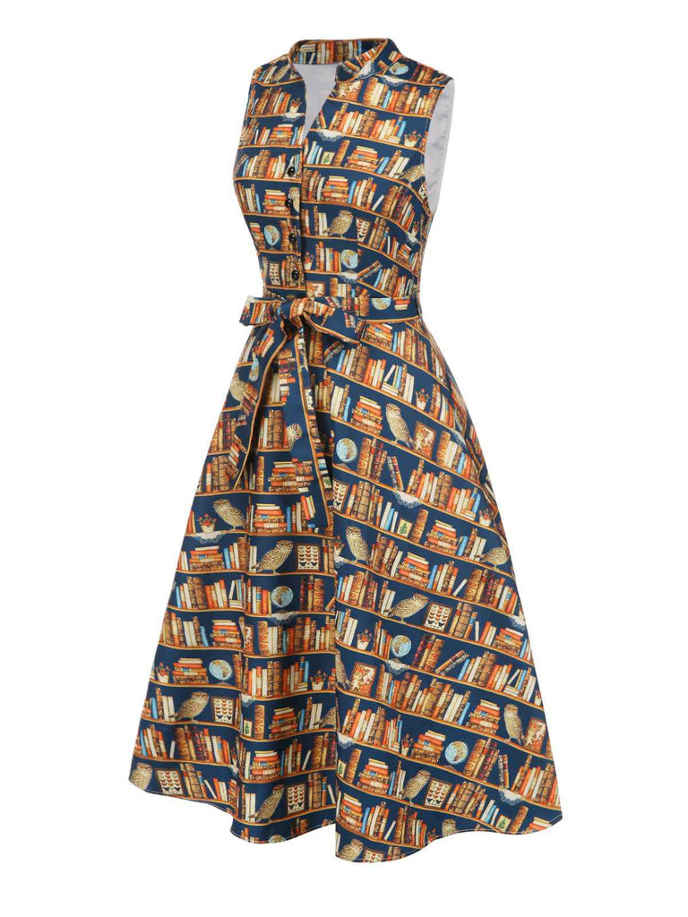 Robe multicolore lacets et imprimé bibliothèque années 1950