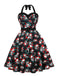 Robe noire licou à motif crânes et roses Halloween années 1950