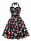 Robe noire licou à motif crânes et roses Halloween années 1950