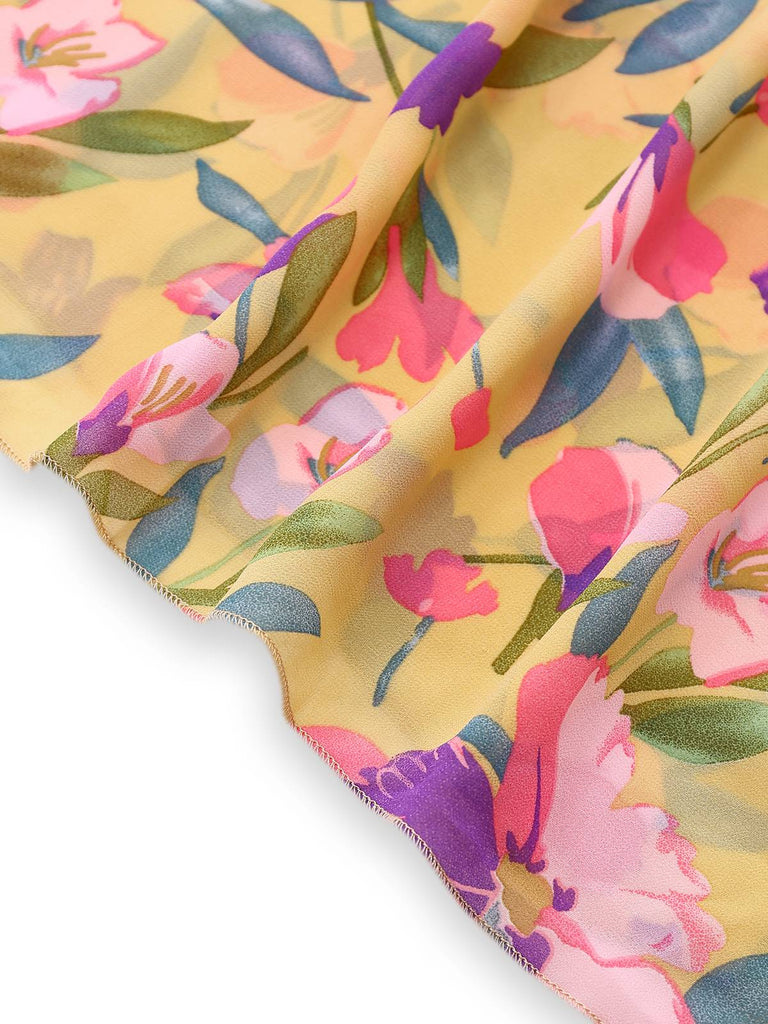 Robe jaune fleur à volants et col en V profond années 1930
