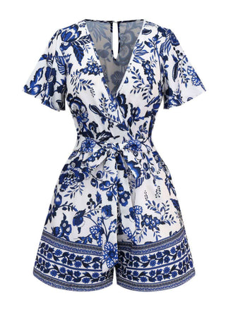 Combishort bleue fleur bleu-blanc-porcelaine ceinture années 1950