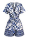 Combishort bleue fleur bleu-blanc-porcelaine ceinture années 1950