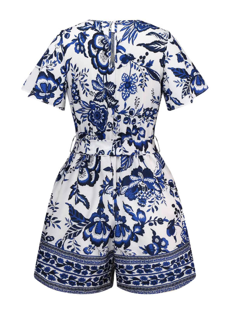 Combishort bleue fleur bleu-blanc-porcelaine ceinture années 1950