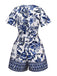 Combishort bleue fleur bleu-blanc-porcelaine ceinture années 1950