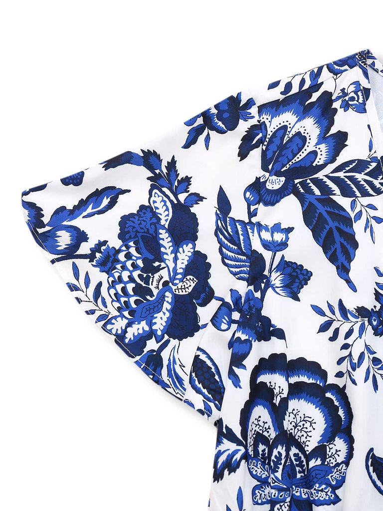 Combishort bleue fleur bleu-blanc-porcelaine ceinture années 1950