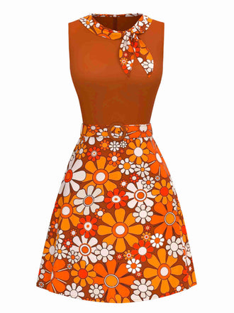 Robeà fleurs bohème psychédélique orange avec ceinture années 1960