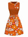 Robeà fleurs bohème psychédélique orange avec ceinture années 1960