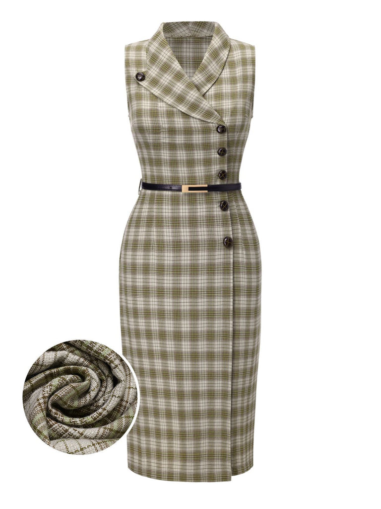 Robe à carreaux boutonnée à revers vert pois des années 1960