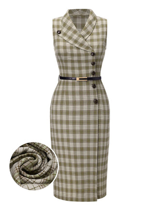 Robe à carreaux boutonnée à revers vert pois des années 1960
