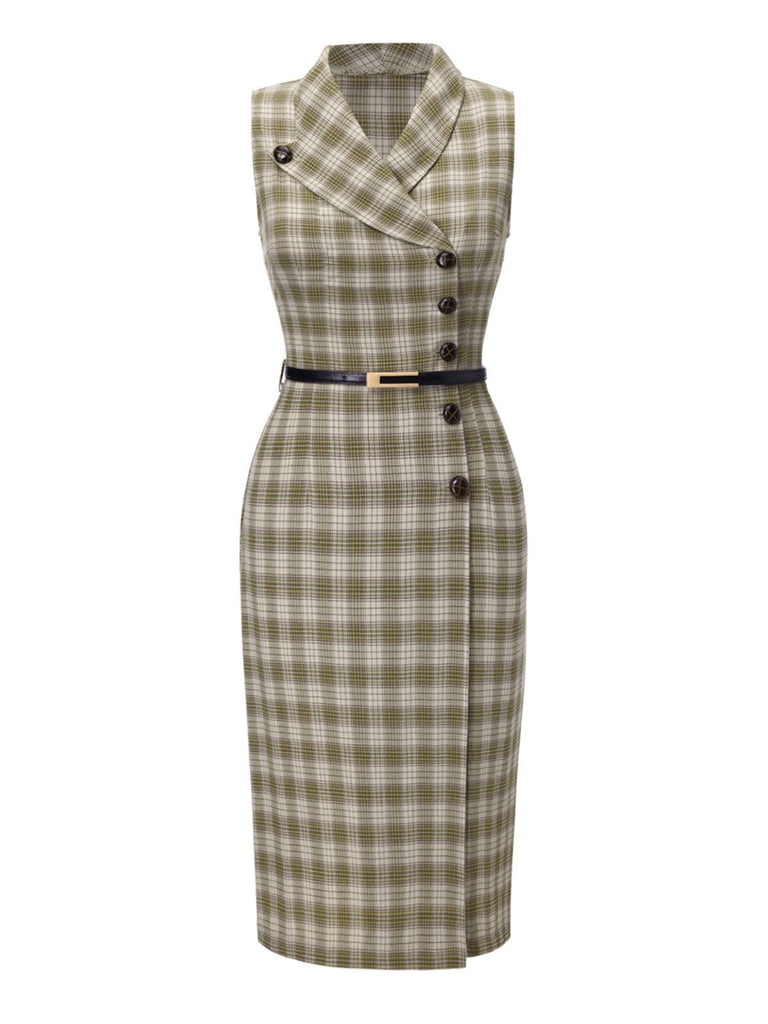 Robe à carreaux boutonnée à revers vert pois des années 1960