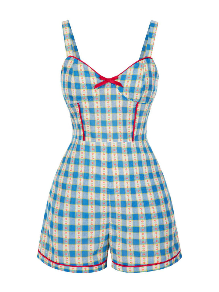 Combishort bleue fleur à carreaux vichy nœud années 1950