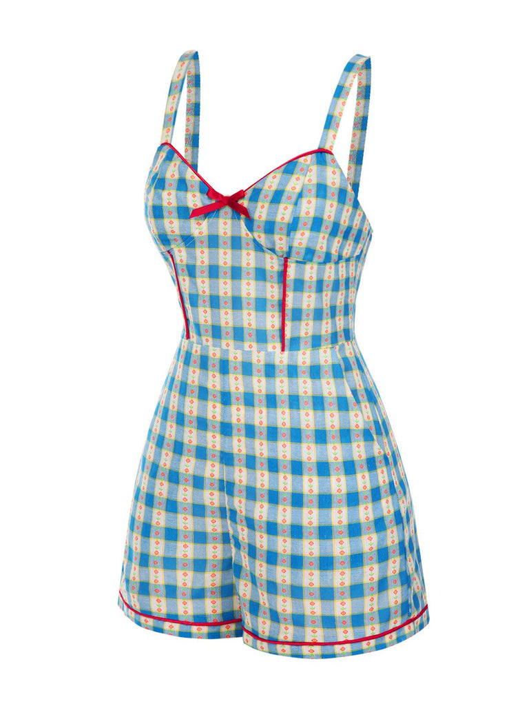 Combishort bleue fleur à carreaux vichy nœud années 1950
