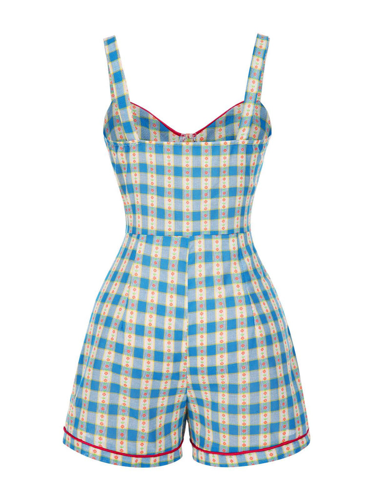 Combishort bleue fleur à carreaux vichy nœud années 1950