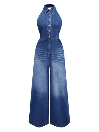 Combinaison en jean bleu à revers sans manches et jambe large des années 1930