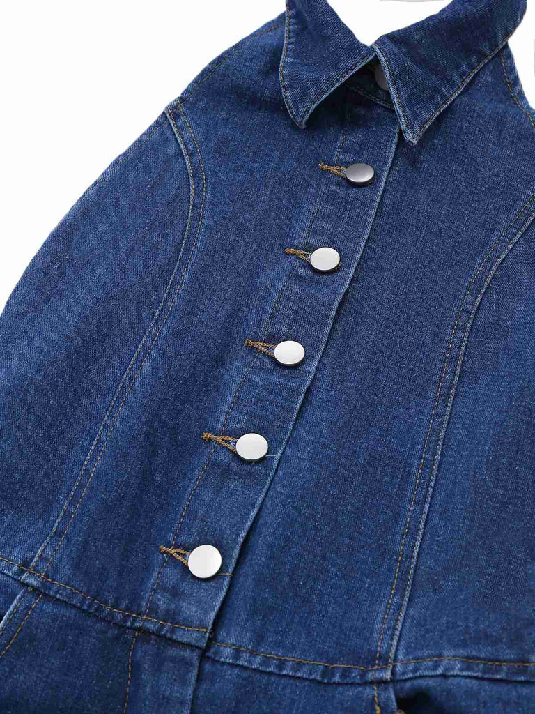 Combinaison en jean bleu à revers sans manches et jambe large des années 1930