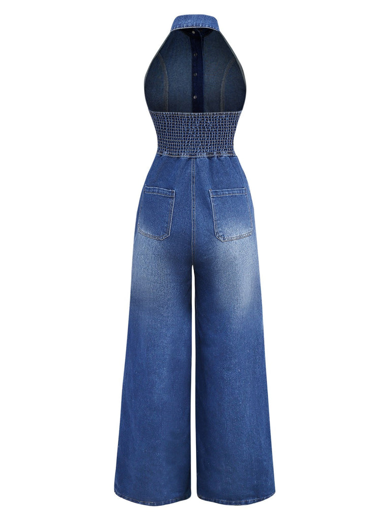 Combinaison en jean bleu à revers sans manches et jambe large des années 1930